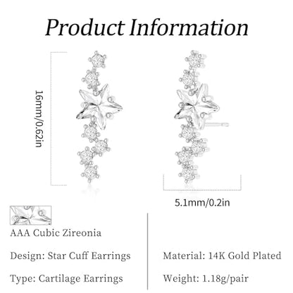 Star 14K Gold Plated Ear Cuff Earrings for Women Non Piercing, Dainty Silver Plated Clip on Cartilage Ear Cuff Non Pierced Trendy CZ Northstar Starburst Sparkling Climber Clawer Earring Jewelry - style: Northstar Stud-Silver