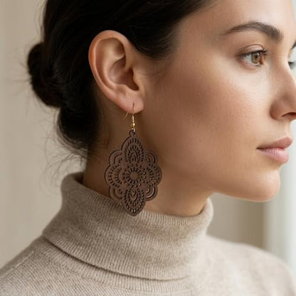 Boho Black Filigree Dangle Earrings for Women, Lightweight Hollow Lace Drop, Wood, 3.34" x 1.69", Bohemian Jewelry - color: Brown