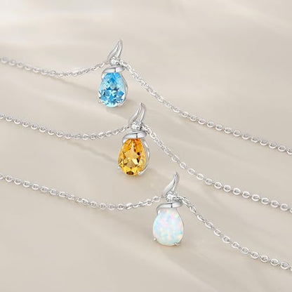 FANCIME 14K Solid White Gold Birthstone Pendant Necklace for Women with Diamond Pear Shaped Teardrop Necklace Birthday Gifts for Mom Women,Sterling Silver Chain 16" + 2" Extender - color: 10-Opal