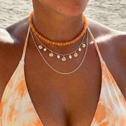 Gemstone Beaded Necklace for Women Colorful Natural Stone Freshwater Pearl Surfer Beach Rainbow Necklace Jewelry Gift - color: Yellow