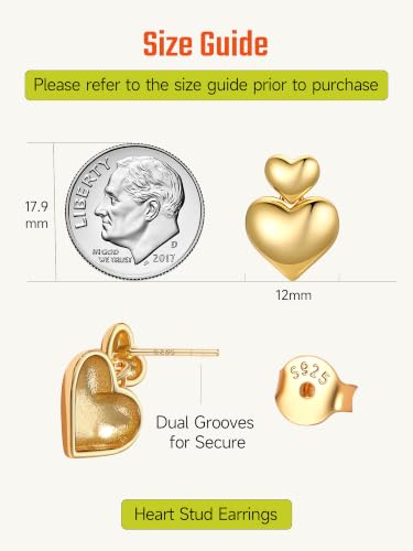 JustBeingCute Heart Stud Earrings 14K Gold Plated 925 Sterling Silver Posts | Dainty Simple Heart Earrings for Women hypoallergenic Chunky Puffy Studs Lightweight with Gift Box（7/10mm） - color: 2-14K Gold Dangle