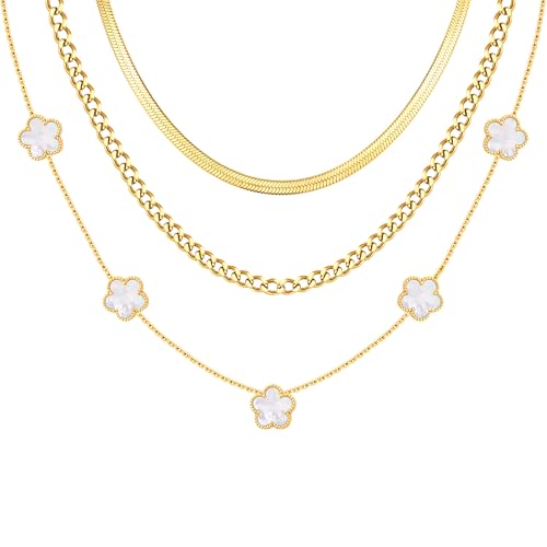 MPRAINBOW Gold Layered Necklace for Women - 3Pcs 18K Gold Plated Floral Necklaces, Stainless Steel Stackable Cuban Link Chain Non Tarnish Trendy Jewelry, Herringbone Chains Christmas Birthday Gifts - color: White