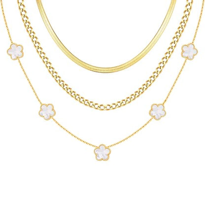 MPRAINBOW Gold Layered Necklace for Women - 3Pcs 18K Gold Plated Floral Necklaces, Stainless Steel Stackable Cuban Link Chain Non Tarnish Trendy Jewelry, Herringbone Chains Christmas Birthday Gifts - color: White