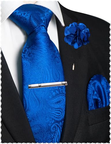 JEMYGINS Mens Paisley Tie and Lapel Pin Necktie Pocket Square and Tie Clip with Sets for Business Casual 4PCS - color: Royal Blue