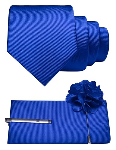 JEMYGINS Formal Necktie Solid Color Tie and Pocket Square with Tie Clip Lapel Pin Sets for Men 4PCS - color: Royal Blue