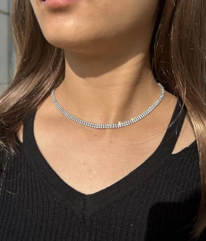WangGao Dual Layer Stainless Steel Rhinestone Choker Tennis Necklace - color: Silver