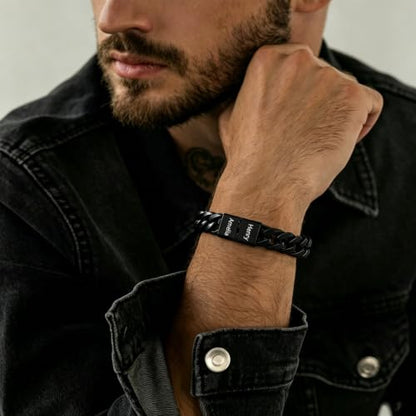 LAPE Custom Cuban ID Bracelet for Men with Engraved Name Stainless Steel | Custom engraved name beads, stainless steel Cuban chain, personalized men jewelry, gift for husband, dad, lover, friend