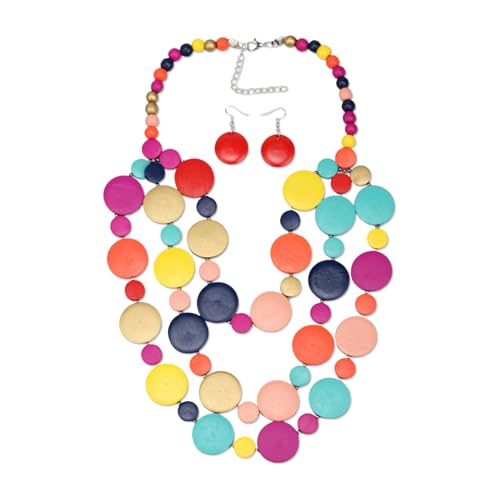 Colorful Wood Bead Necklace Earrings Set for Women Boho Jewelry | Multi Layers Statement Big Vintage Bib Female Chunky African Ethnic Pendant Rainbow Long Tribal Jewelry - color: NXR1447-colorful