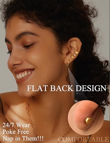 LOLIAS 21 Paris Stainless Surgical Steel Flat Back Earrings Hypoallergenic | 20G Cartilage Earring Stacks,Screw Back Nap Flatback Stud Earrings for Sensitive Ears Women,Earring Set,Pack Piercing Jewelry - color: 14K Gold-plated