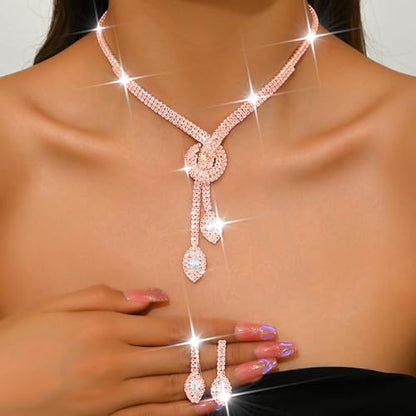 Unicra Silver Rhinestone Bridal Wedding Jewelry Set Crystal Necklace Earrings Sets Formal Prom Costume Jewelry Sets for Women and Brides - color: Pink
