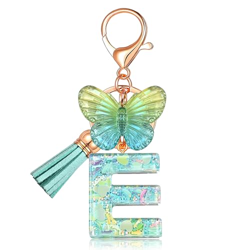 JINGUAZI Butterfly Initial Letter Keychain Bag Charms for Women | Cute pendant accessories for purses, handbags, backpacks, car keys, small gift for her young women, mothers, teachers - color: E-green