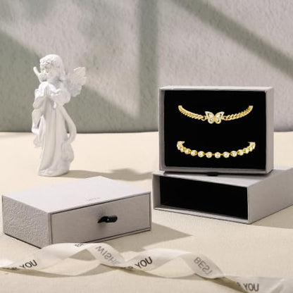 JATEBI 14K Gold Plated Layered Butterfly Zircon Anklet Set for Women | Trendy Delicate Gold Ankle Bracelets Ideal Summer Beach Foot Jewelry Nice Holiday Birthday Present For Modern‑Style
