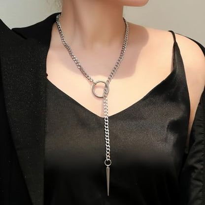 Slip Chain Choker for Women Handmade Black Stainless Steel Cuban Chain Chunky Moon Bat Raven Skull Pendant Gothic Punk Rock Collar Adjustable Lariat Y Necklace for Men - style: Silver Spike