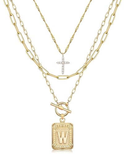 MJartoria Layered Initial Necklaces for Women Trendy, 14K Gold Plated Brass Simple Dainty Cross Choker Square Letter Pendant Necklace, Paperclip Chain Necklaces Jewelry - color: Gold, style: W