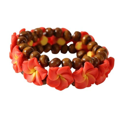 Pingyongchang Boho Hawaiian Plumeria Rubra Bracelets for Women Handmade Colorful Tropical Flower Wooden Beads Stretch Bracelet Summer Beach Holiday Jewelry Gifts - color: Red