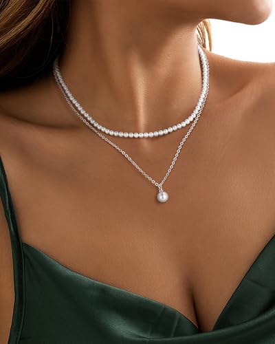 MJartoria Pearl Necklaces for Women, Dainty Layered Pearl Necklace Choker Trendy Jewelry Gifts for Wedding Birthdays Daily Wear - color: Silver