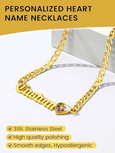 GoldChic JEWELRY Name Necklace Personalized for Men, Womens Custom Name Plate Chain, Stainless Steel Customized Old English Nameplate Choker with Curb Chains Custom, 16 inches to 30 inches - color: Photo & Cuban Chain 6 mm -Gold