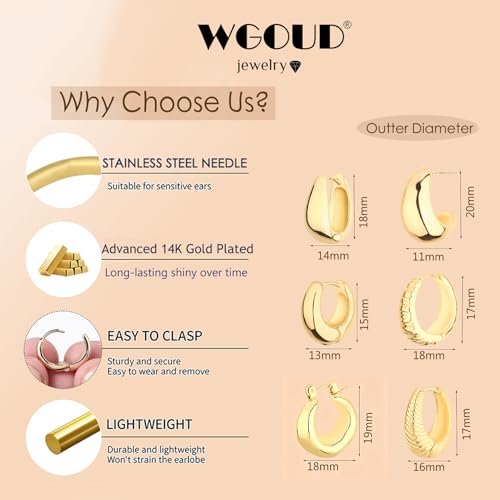 Wgoud 6 Pairs Chunky Gold Hoop Earrings for Women, 14K Gold Plated Hoop Earrings Hypoallergenic, Thick Lightweight Twisted Huggie Hoops Earring Set for Women’s Jewelry GIfts - color: 6 Prs Chunky Gold