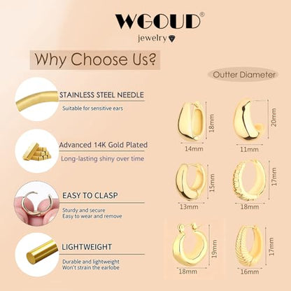 Wgoud 6 Pairs Chunky Gold Hoop Earrings for Women, 14K Gold Plated Hoop Earrings Hypoallergenic, Thick Lightweight Twisted Huggie Hoops Earring Set for Women’s Jewelry GIfts - color: 6 Prs Chunky Gold
