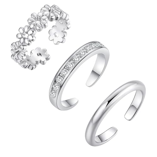 Sfoni 3Pcs Toe Rings for Women Men, Adjustable Open Toe Ring 18K Gold Cubic Zirconia Moonstone Daisy Flower Simple Thin Band Hug Rings Stackable Hawaiian Summer Beach Foot Jewelry Set - color: #Style 1-Silver-3pcs