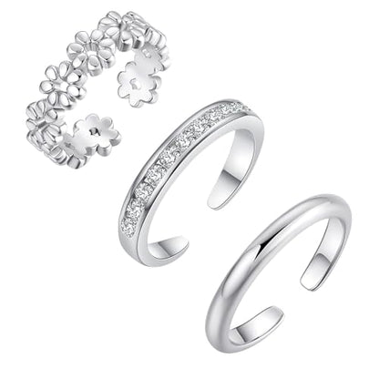 Sfoni 3Pcs Toe Rings for Women Men, Adjustable Open Toe Ring 18K Gold Cubic Zirconia Moonstone Daisy Flower Simple Thin Band Hug Rings Stackable Hawaiian Summer Beach Foot Jewelry Set - color: #Style 1-Silver-3pcs