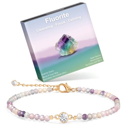 Raicegs Anklets for Women Handmade Beach Boho Ankle Bracelet 3mm Natural Stone Beaded Ankle Bracelet 14K Gold Plated Zircon Pendant Adjustable Crystal Gemstone Anklet Jewelry Gift for Her - color: Fluorite