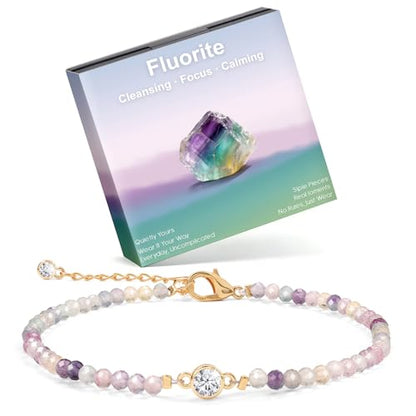 Raicegs Anklets for Women Handmade Beach Boho Ankle Bracelet 3mm Natural Stone Beaded Ankle Bracelet 14K Gold Plated Zircon Pendant Adjustable Crystal Gemstone Anklet Jewelry Gift for Her - color: Fluorite