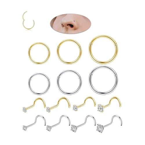14Pcs Gold and Silver 18G Nose Ring Hoops and 20G Nose Studs Set | 316L surgical steel set with 18G nose hoops and 20G corkscrew CZ nose studs in 1.5/ 2/ 2.5/ 3mm for women and men
