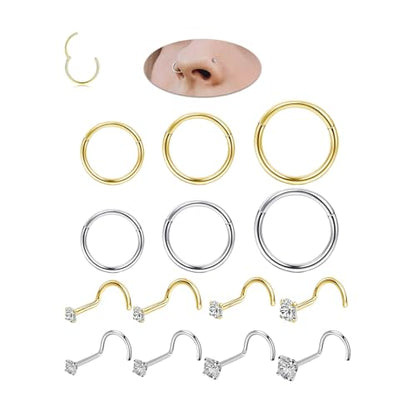 14Pcs Gold and Silver 18G Nose Ring Hoops and 20G Nose Studs Set | 316L surgical steel set with 18G nose hoops and 20G corkscrew CZ nose studs in 1.5/ 2/ 2.5/ 3mm for women and men