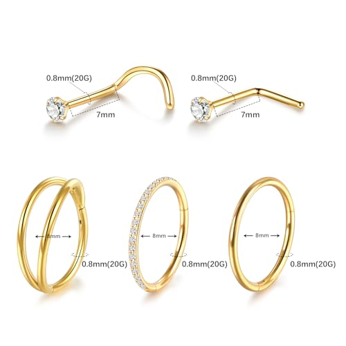 Xpircn 5pcs Hoop Nose Rings and L Shaped Nose Rings Stud Set 18G/20G Stainless Steel CZ Helix Conch Daith Tragus Cartilage Hoop Earrings for Women 6mm 7mm 8mm 10mm - color: Gold, size: 20G, 10mm hoop & 7mm studs