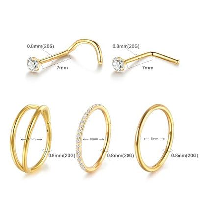Xpircn 5pcs Hoop Nose Rings and L Shaped Nose Rings Stud Set 18G/20G Stainless Steel CZ Helix Conch Daith Tragus Cartilage Hoop Earrings for Women 6mm 7mm 8mm 10mm - color: Gold, size: 20G, 10mm hoop & 7mm studs