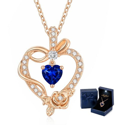 Heart Birthstone Necklace, LED Gift Box | Heart birthstone necklace with rose CZ pendant and LED gift box, ready-to-gift birthday gift for mom, wife, grandma, sister - color: Rose Gold 09-Sep Royal Blue