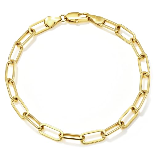 NOKMIT 14K Gold Filled Paperclip Bracelets for Women Men, 3mm/4mm/5mm Rectangular Paper Clip Link Bracelet, 6.5-8 Inches, Hypoallergenic, Non-Tarnish, Pulsera de Oro 14K para Mujer - color: 5mm, size: 7.0 Inches