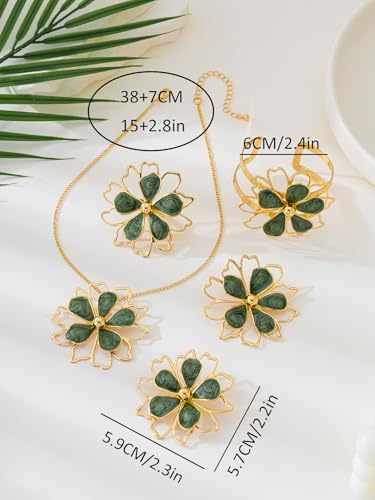 Gold Flower Jewelry Set For Women, 5 Pcs Chunky Golden Floral Pendant Necklace Bracelet Earrings Ring Set Statement Flower Jewelry Gifts For Beach Wedding - color: 5pcs-Green
