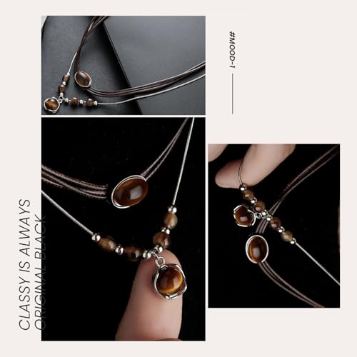 Boho Tiger's Eye Pendant Necklace for Women, Natural Stone Wax Rope Cord Choker, Beautiful Crystal Jewelry Gift with Gift Box