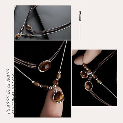 Boho Tiger's Eye Pendant Necklace for Women, Natural Stone Wax Rope Cord Choker, Beautiful Crystal Jewelry Gift with Gift Box