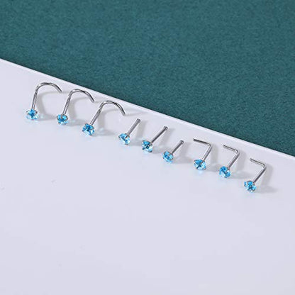 ZS 20G Nose Stud Rings Set, Stainless Steel CZ Nose Piercing Jewelry | Hypoallergenic Nose Bone Rings, L Shaped & Screw Nose Studs, 3mm CZ Stone Nostril Jewelry for Women Men - color: 9pcs Mixed style(Blue)