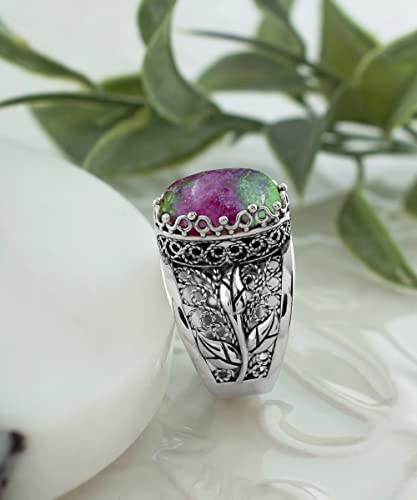 Filigranist 925 Sterling Silver Filigree Art Lace Embroidery Tulip Detailed Gemstone Women Cocktail Ring, Luxurious Gift Boxed - color: Ruby Zoisite