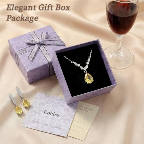 Platinum Plated Cubic Zirconia Teardrop Pendant Necklace Dangle Earrings Set, Silver Jewelry Set for Women,Wedding Jewelry Set for Bride,Bridesmaid Jewelry Gift, Gift for Valentine's Day, Birthday - color: Yellow
