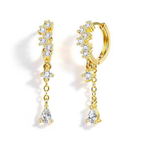 Silver CZ Dangle Earrings Hoop Leverback Drop Earrings Jewelry in Gifts Box | Hypoallergenic Elegant Cubic Zirconia Lightweight Drop Sliver /14k Gold Chain Drop Earring Jewelry for Women Daily Wear - color: Gold