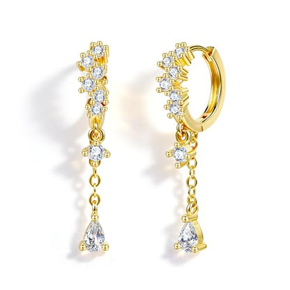 Silver CZ Dangle Earrings Hoop Leverback Drop Earrings Jewelry in Gifts Box | Hypoallergenic Elegant Cubic Zirconia Lightweight Drop Sliver /14k Gold Chain Drop Earring Jewelry for Women Daily Wear - color: Gold