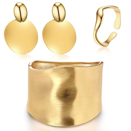 Misdary 3 Pcs Jewelry Gifts Set Bracelets Earrings Ring Cuff Bangle for Women Wedding Birthday Gifts - color: Gold, style: Frosted