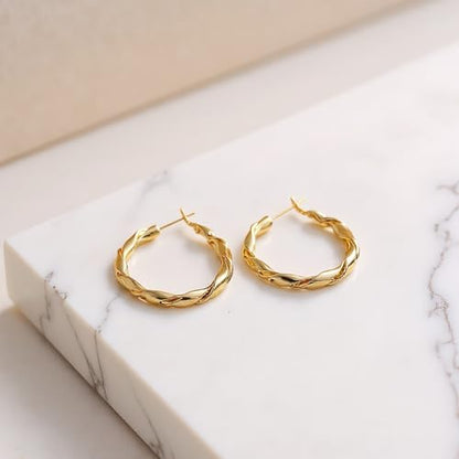 14k Gold Plated Hoop Earrings for Women, 925 Sterling Silver Posts Thick Twist Hypoallergenic Chunky Large Earrings 20mm 30mm 40mm 50mm - color: Yellow Gold, size: 30mm