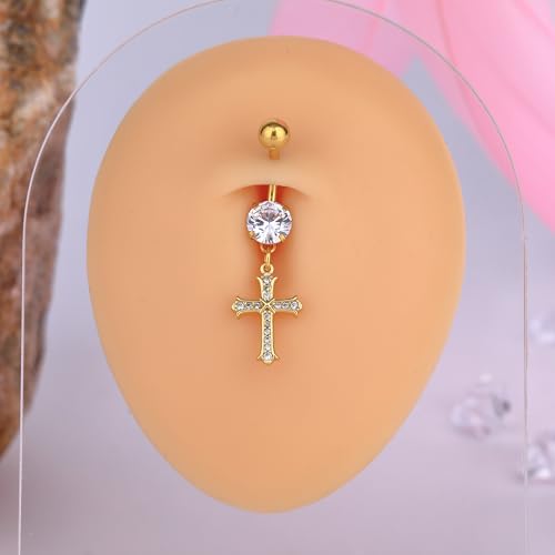 B BodyPJ Sparkles 14G Religious Belly Button Ring with Crystal Cross and Religious Charms, Stainless Steel - style: Type G,Gold