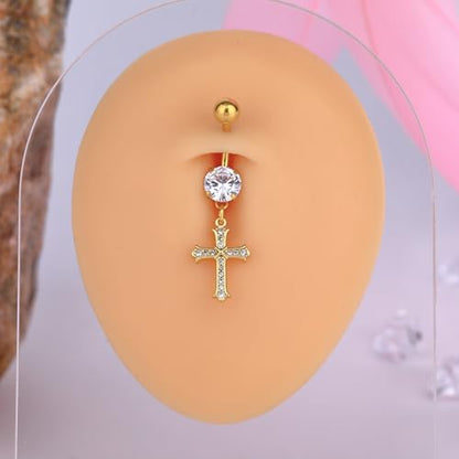 B BodyPJ Sparkles 14G Religious Belly Button Ring with Crystal Cross and Religious Charms, Stainless Steel - style: Type G,Gold
