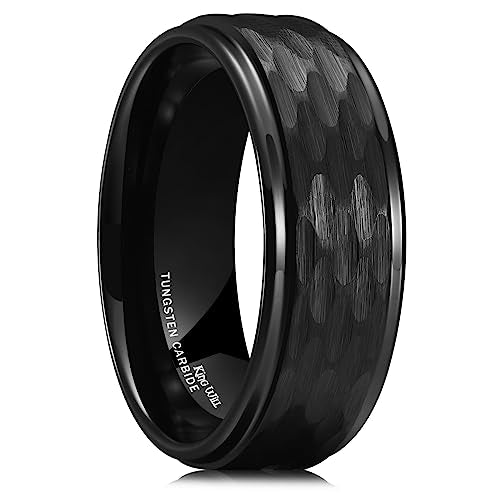 King Will Hammered 8mm Silver Tungsten Ring Hammer Men Wedding Band Comfort Fit - color: Black Step Edge