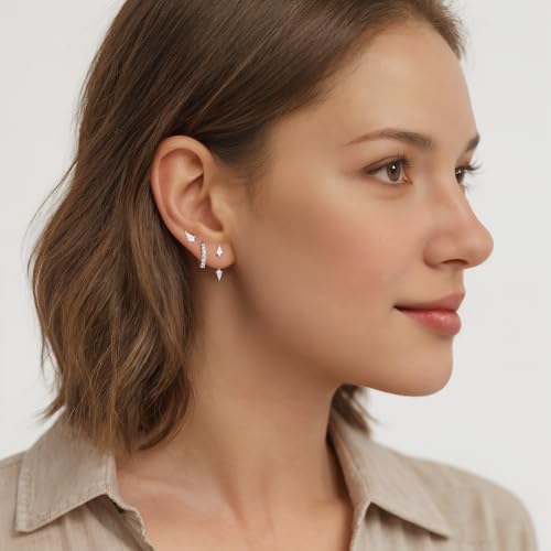 3 Pairs Stackable Kite Stud Earrings Set for Women Trendy | Dainty Birthstone Stud Gold & 925 Sterling Silver Huggie Hoop Jacket Stack Earrings for Women 2026 - color: Silver-Zircon