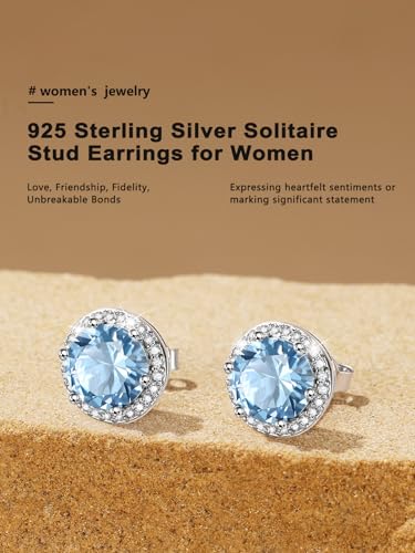 Bestyle Authentic 925 Sterling Silver 2 Carat Birthstone Earrings for Women, More Sparkle Heart/Round Solitaire Diamond Studs Earrings, Great Birthday/Christmas/Anniversary Jewelry for Wife Mother - color: 03. Mar. Aquamarine-Round