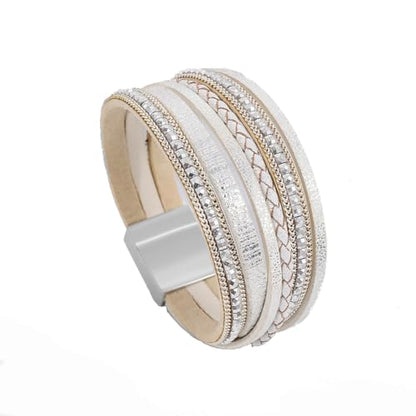 ZMANYIJEW Leather Wrap Bracelets for Women,Boho Cuff Bracelets Multi-Layer Crystal Beads Cuff Bracelet Multilayered Leopard Leather Braided Bangle Wrist Cuff Bangles - style: white
