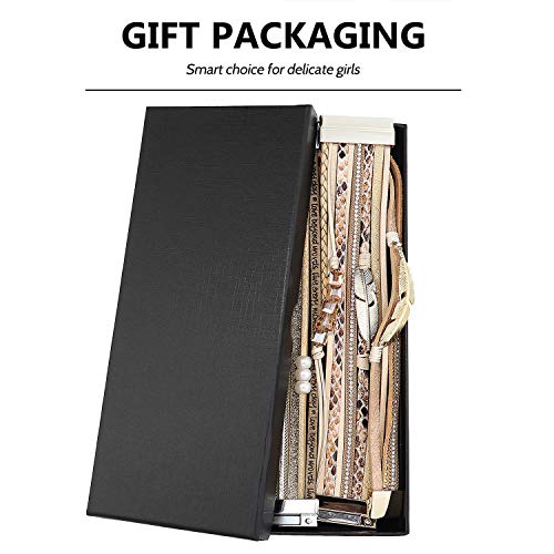 Leather Wrap Bracelet Set 3Pack Wrist Cuff Bracelet for Women Multilayer Magnetic Clasp Bracelet Feather Tree Bead Crystal Bracelet - color: Feather Tree Crystal